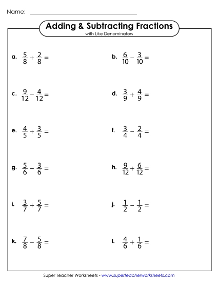 Adding Fractions: Same Denominator - Adding and Subtracting Fractions w/ Like Denominators (Horizontal) (Printable PDF Worksheet)
