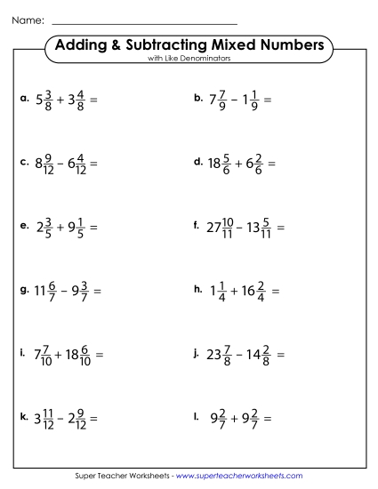 Subtracting Mixed Numbers: Same Denominators - Adding and Subtracting Mixed Numbers w/ Like Denominators (Horizontal) (Printable PDF Worksheet)