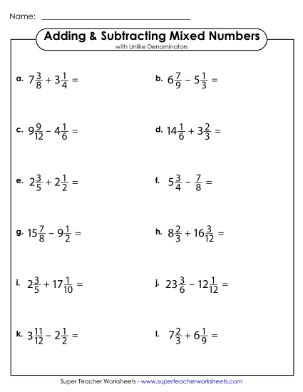 Subtracting Mixed Numbers: Different Denominators - Adding and Subtraction Mixed Numbers with Unlike Denominators (Horizontal) (Printable PDF Worksheet)