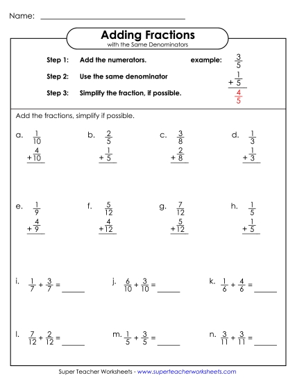 Adding Fractions: Same Denominator - Adding Fractions (Horizontal and Vertical) (Printable PDF Worksheet)
