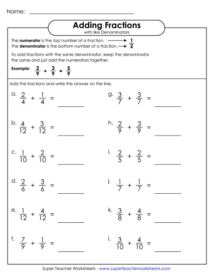 Adding Fractions: Same Denominator - Adding Fractions (Horizontal) (Printable PDF Worksheet)