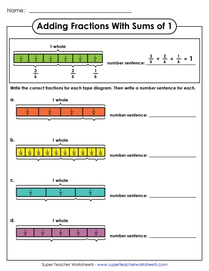 Adding Fractions: Same Denominator - Adding Fractions with Sums of 1: Tape Diagrams (Printable PDF Worksheet)