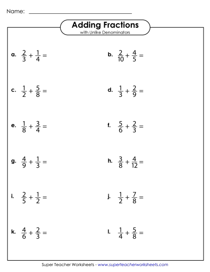 Adding Fractions: Different Denominators - Adding Fractions with Unlike Denominators (Horizontal) (Printable PDF Worksheet)