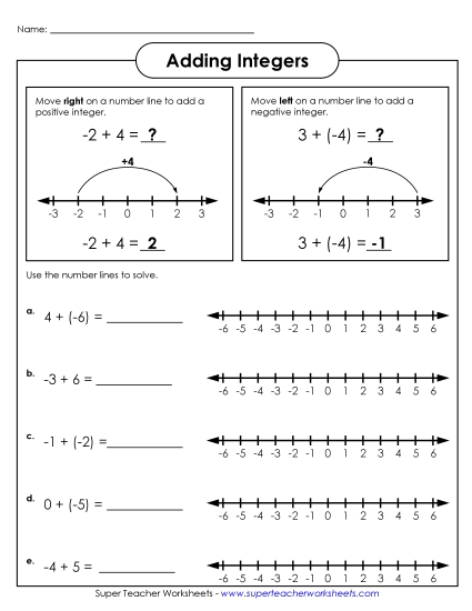 Number Line Addition - Adding Integers #1 (Printable PDF Worksheet)