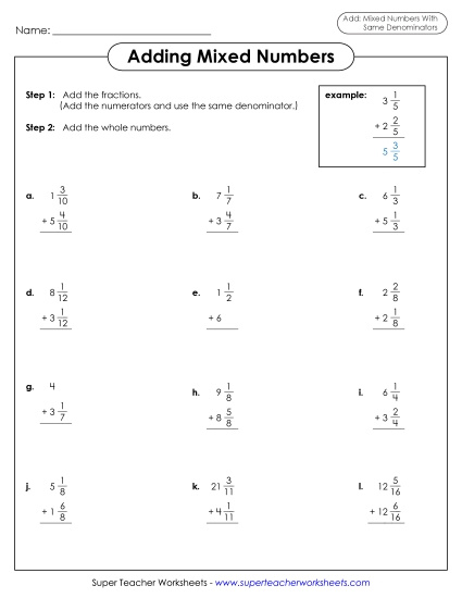 Adding and Subtracting Mixed Numbers - Adding Mixed Numbers 2 (Same Denominator) (Printable PDF Worksheet)