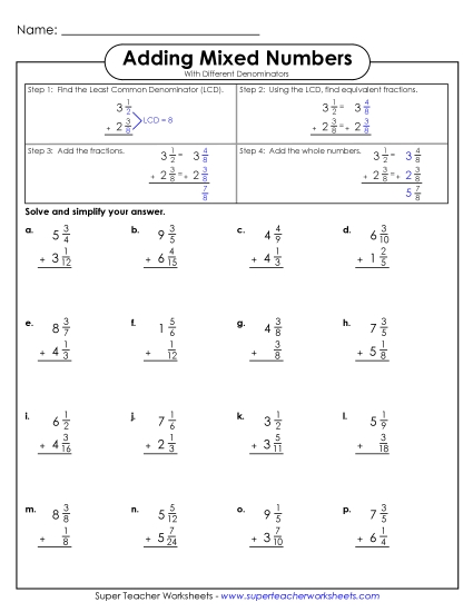 Adding and Subtracting Mixed Numbers - Adding Mixed Numbers 3  (Unlike Denominators) (Printable PDF Worksheet)