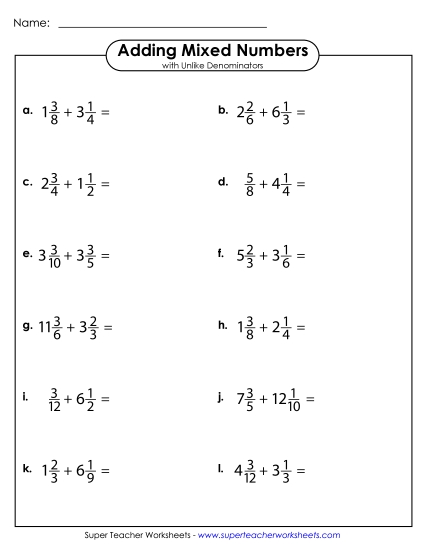 Adding Mixed Numbers: Different Denominators - Adding Mixed Numbers w/ Unlike Denominators (Horizontal) (Printable PDF Worksheet)