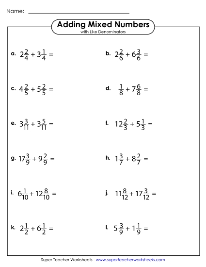 Adding Mixed Numbers: Same Denominators - Adding Mixed Numbers with Like Denominators (Horizontal) (Printable PDF Worksheet)