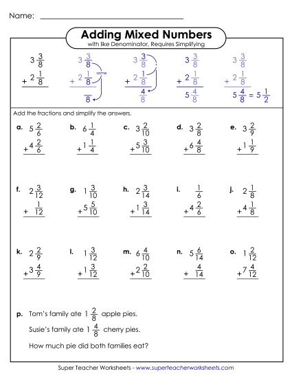 Adding Mixed Numbers: Same Denominators - Adding Mixed Numbers with Like Denominators (Vertical) (Printable PDF Worksheet)