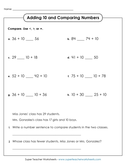 Adding 10 - Adding Multiples of 10 and Comparing (Printable PDF Worksheet)