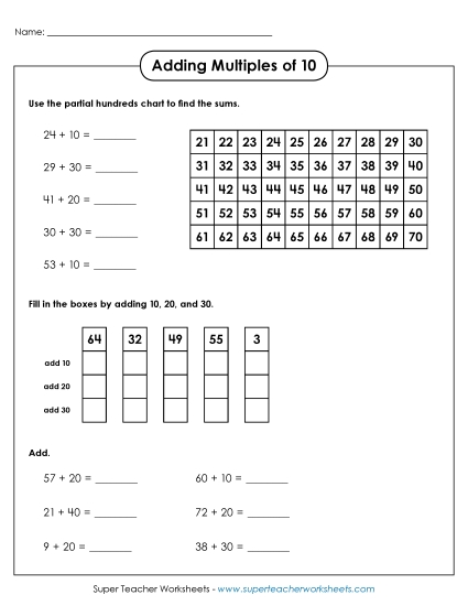 Adding Multiples of 10 - Adding Multiples of 10 (With Hundreds Chart) (Printable PDF Worksheet)