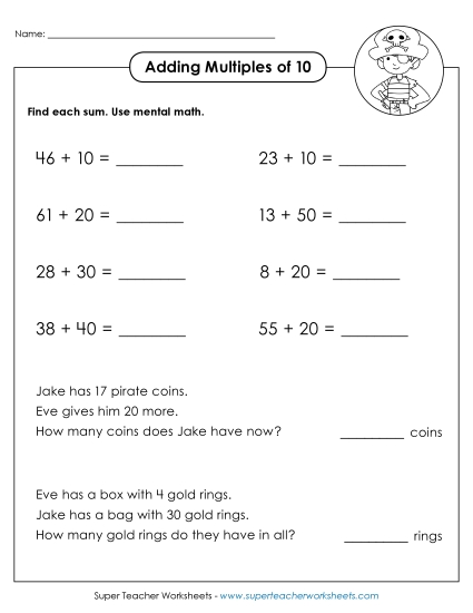Adding Multiples of 10 - Adding Multiples of 10 (With Word Problems) (Printable PDF Worksheet)