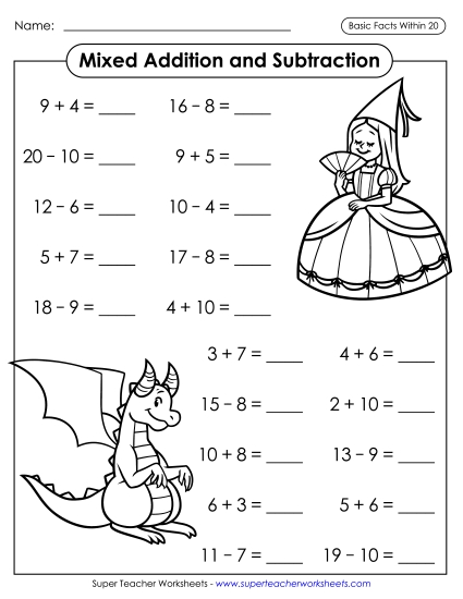 Practice Worksheets - Addition & Subtraction Facts: Fairy Tales  (Horizontal) (Printable PDF Worksheet)