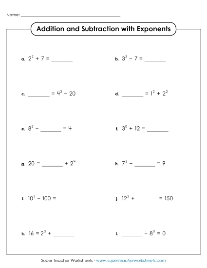 Exponents w/ Whole Numbers as a Base - Addition & Subtraction with Exponents (Printable PDF Worksheet)