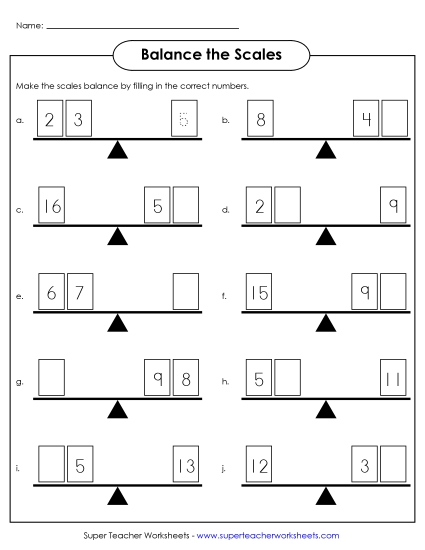 Addition Worksheets & Games - Addition Balance Scales (Printable PDF Worksheet)
