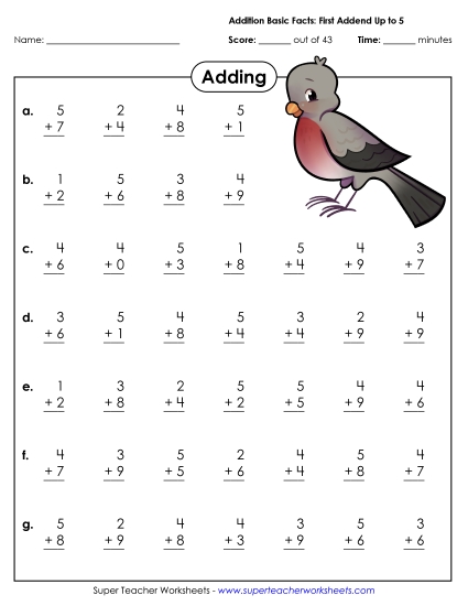 Addition Fact Drills - Addition Basic Facts (0-5) (Printable PDF Worksheet)