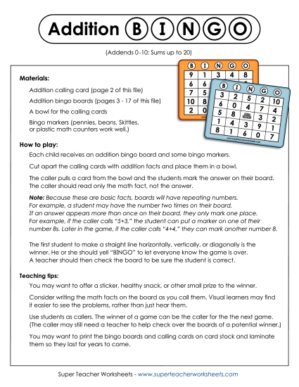 Addition Worksheets & Games - Addition Bingo (Printable PDF Worksheet)