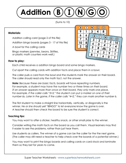 Addition Worksheets, Games, & Puzzles - Addition Bingo (Printable PDF Worksheet)