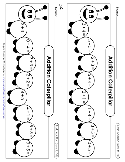 Addition Worksheets, Games, & Puzzles - Addition Caterpillar (Sums to 10) (Printable PDF Worksheet)