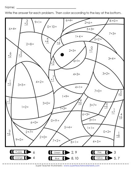 Easter Addition - Addition: Chick and Egg Mystery Picture   (Basic Facts 0-10) (Printable PDF Worksheet)