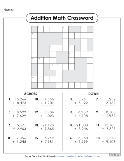 Addition - Addition Crossword (4 and 5-Digit) (Printable PDF Worksheet)