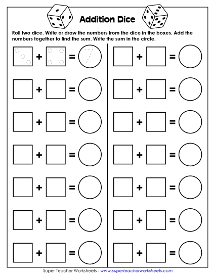 Addition Worksheets, Games, & Puzzles - Addition Dice Game (One Player) (Printable PDF Worksheet)