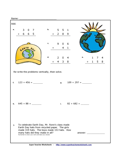 Earth Day Math - Addition - Earth Day (Printable PDF Worksheet)