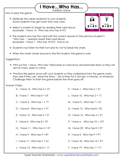 Addition Worksheets & Games - Addition Game: I Have / Who Has (Printable PDF Worksheet)
