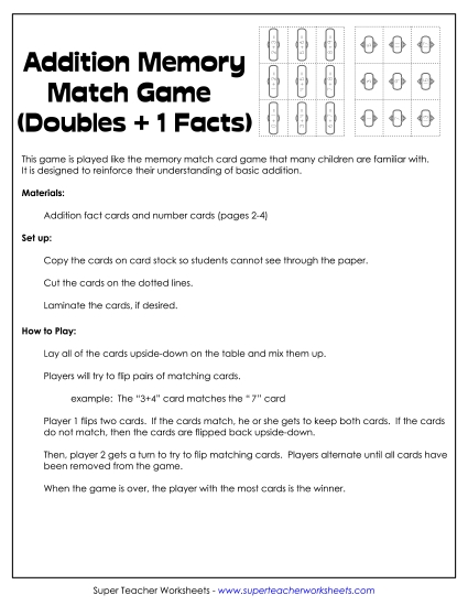 Learning Center / Math Game Addition Doubles +1 - Addition Memory Match Card Game: Doubles +1 (Printable PDF Worksheet)