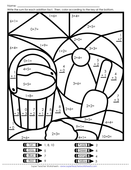 Addition Mystery Pictures - Addition Mystery Picture: Beach (Printable PDF Worksheet)