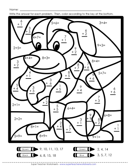 Addition Mystery Pictures - Addition Mystery Picture: Dog (Printable PDF Worksheet)