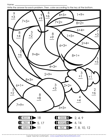 Addition Mystery Pictures - Addition Mystery Picture: Fruits & Veggies (Printable PDF Worksheet)