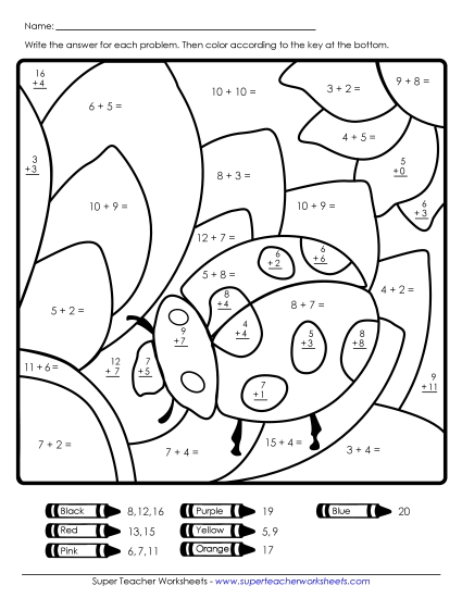 Addition - Addition Mystery Picture: Ladybug (Printable PDF Worksheet)