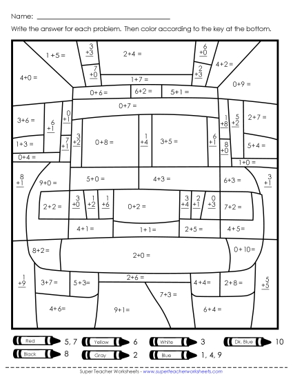 Addition Mystery Pictures - Addition Mystery Picture: Police Car or Fire Truck (Printable PDF Worksheet)