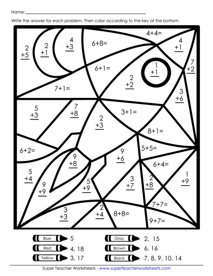 Addition Mystery Pictures - Addition Mystery Picture: Rocket (Printable PDF Worksheet)