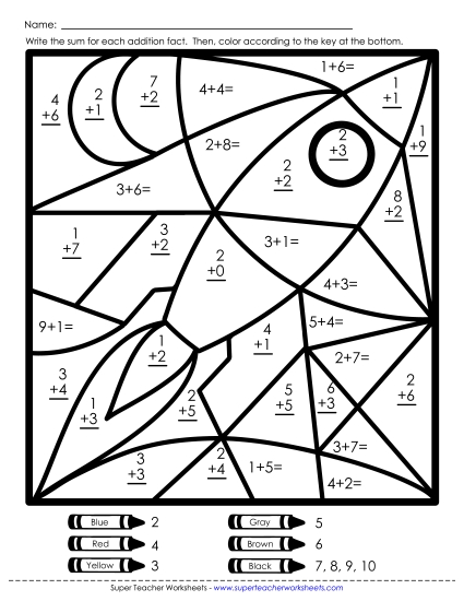 Addition Mystery Pictures - Addition Mystery Picture: Rocket (Printable PDF Worksheet)