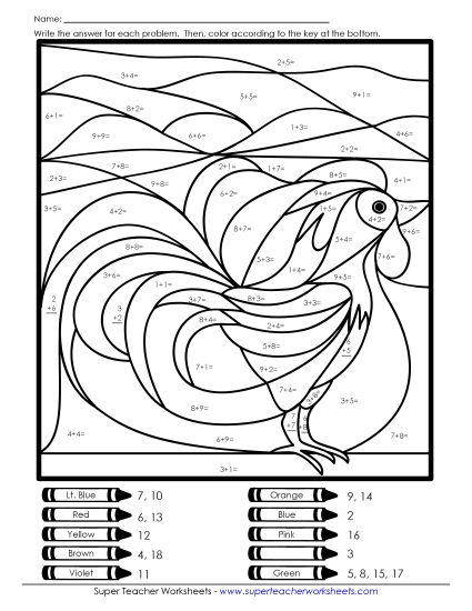 Addition Mystery Pictures - Addition Mystery Picture: Rooster (Printable PDF Worksheet)