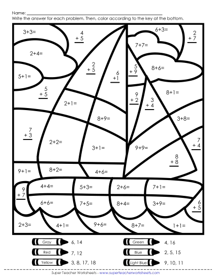 Addition Mystery Pictures - Addition Mystery Picture: Sailboat (Printable PDF Worksheet)