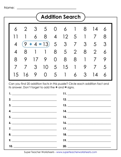 Addition Worksheets & Games - Addition Number Search Puzzle (Printable PDF Worksheet)