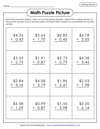 Adding Money - Addition Picture Puzzle: Hot Air Balloon (Printable PDF Worksheet)