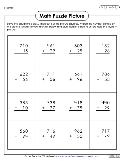 100 Days Math - Addition Puzzle Picture: 100th Day of School (3-Digit Plus 2-Digit) (Printable PDF Worksheet)