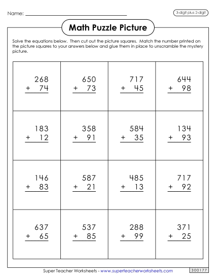 Math Puzzles - Addition Puzzle Picture: Cinco de Mayo (3-Digit Plus 2-Digit) (Printable PDF Worksheet)