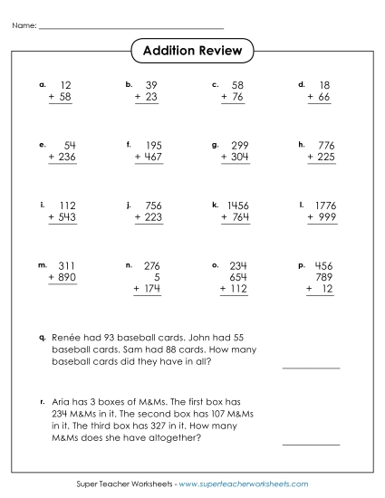 Addition (3-Digit Addends) - Addition Review Worksheet (Printable PDF Worksheet)