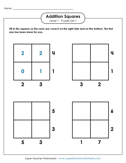 Level 1 (Easy) - Addition Squares: Level 1, Set 1 (Printable PDF Worksheet)