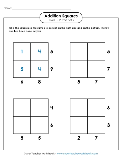 Level 1 (Easy) - Addition Squares: Level 1, Set 2 (Printable PDF Worksheet)
