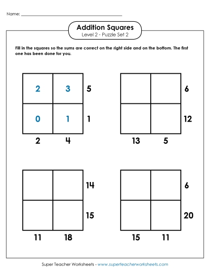 Level 2 (Intermediate) - Addition Squares: Level 2, Set 2 (Printable PDF Worksheet)