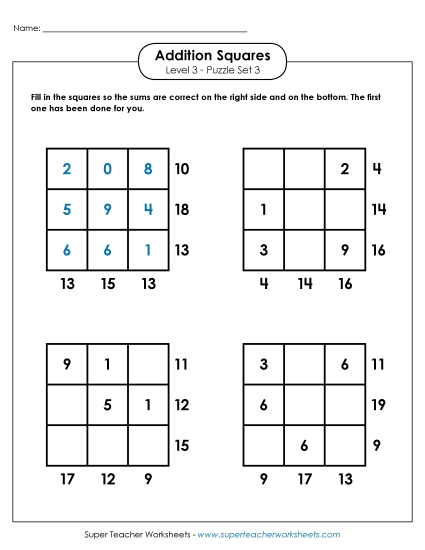 Level 3 (Challenging) - Addition Squares: Level 3, Set 3 (Printable PDF Worksheet)