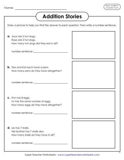 Practice Worksheets - Addition Stories (Word Problems) Addition Doubles Facts (Printable PDF Worksheet)