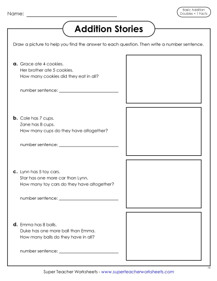 Practice Worksheets - Addition Stories (Word Problems) Addition Doubles Plus 1 (Printable PDF Worksheet)