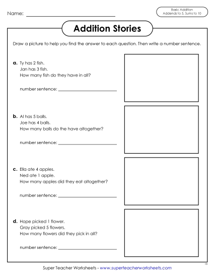 Addition Worksheets, Games, & Puzzles - Addition Stories Word Problems: Sums to 10 (Printable PDF Worksheet)
